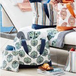 Pottery Barn Paisley Block Printed Canvas Tote Bag, Blue & White